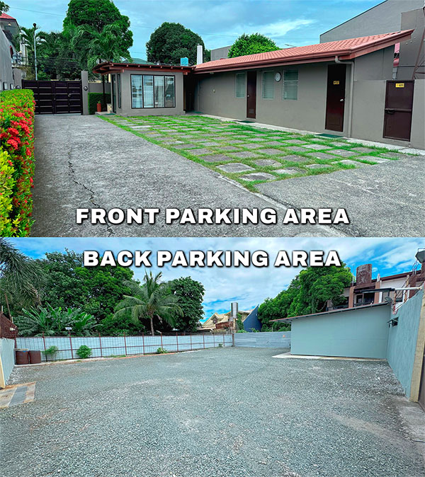 Parking areas are located inside the resort. Front parking area can accomodate 5 cars. Back parking area can accomodate 15 cars.